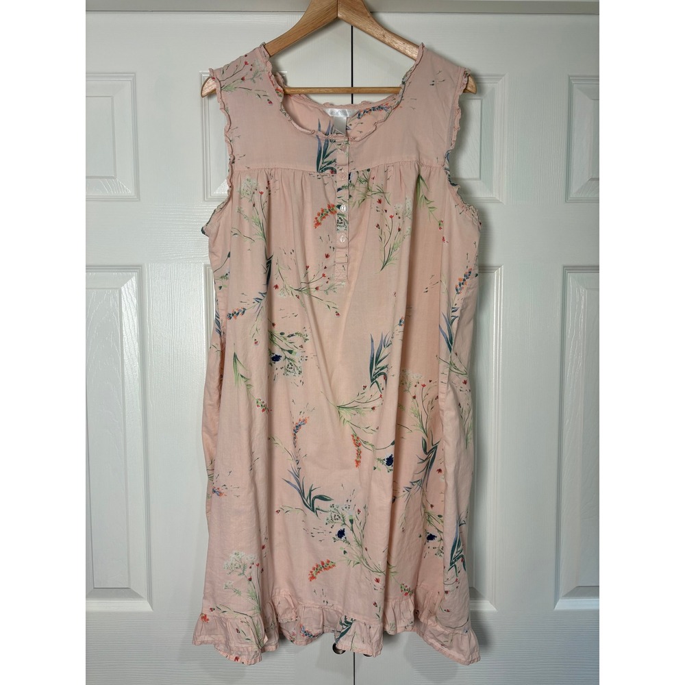 Adonna Sleepwear Pink Floral Cotton Sleeveless Nightgown Ruffle Hem XL